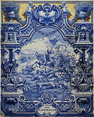 Panel of glazed tiles from Jorge Colaço (1922) representing an episode of the battle of Aljubarrota (1385) between the Portuguese and Castillian armies. Lisboa, Pavilhão Carlos Lopes.