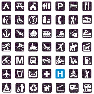 Example icons of U.S. National Park Service (NPS) from:

http://www.nps.gov/hfc/carto/map-symbols.htm
http://www.nps.gov/hfc/photos/carto-pictographs.gif
For list of 350 NPS icons, see: Category:USNPS map symbols.