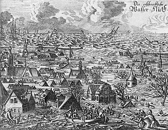 Contemporary picture of the Burchardi flood (Die erschreckliche Wasser-Fluth = "the terrible water flood").
