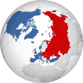 English: Border of NATO and Warsaw Pact in contrast to each other from 1949 (formation of NATO) to 1990 (withdrawal of East Germany). This map is based on File:BlankMap-World-Atlantic-(1949-1990).svg.